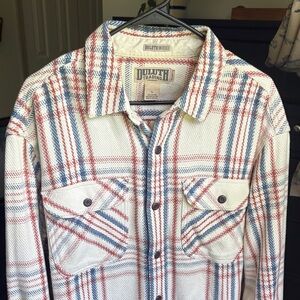Duluth Trading Co Cream Plaid Button-Down Shirt with Red and Blue Accents